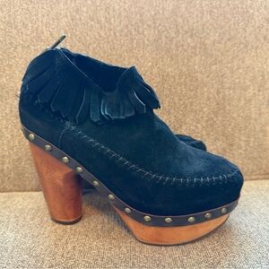 Flogg Leather Black Suede Platform Shoes with Fringe